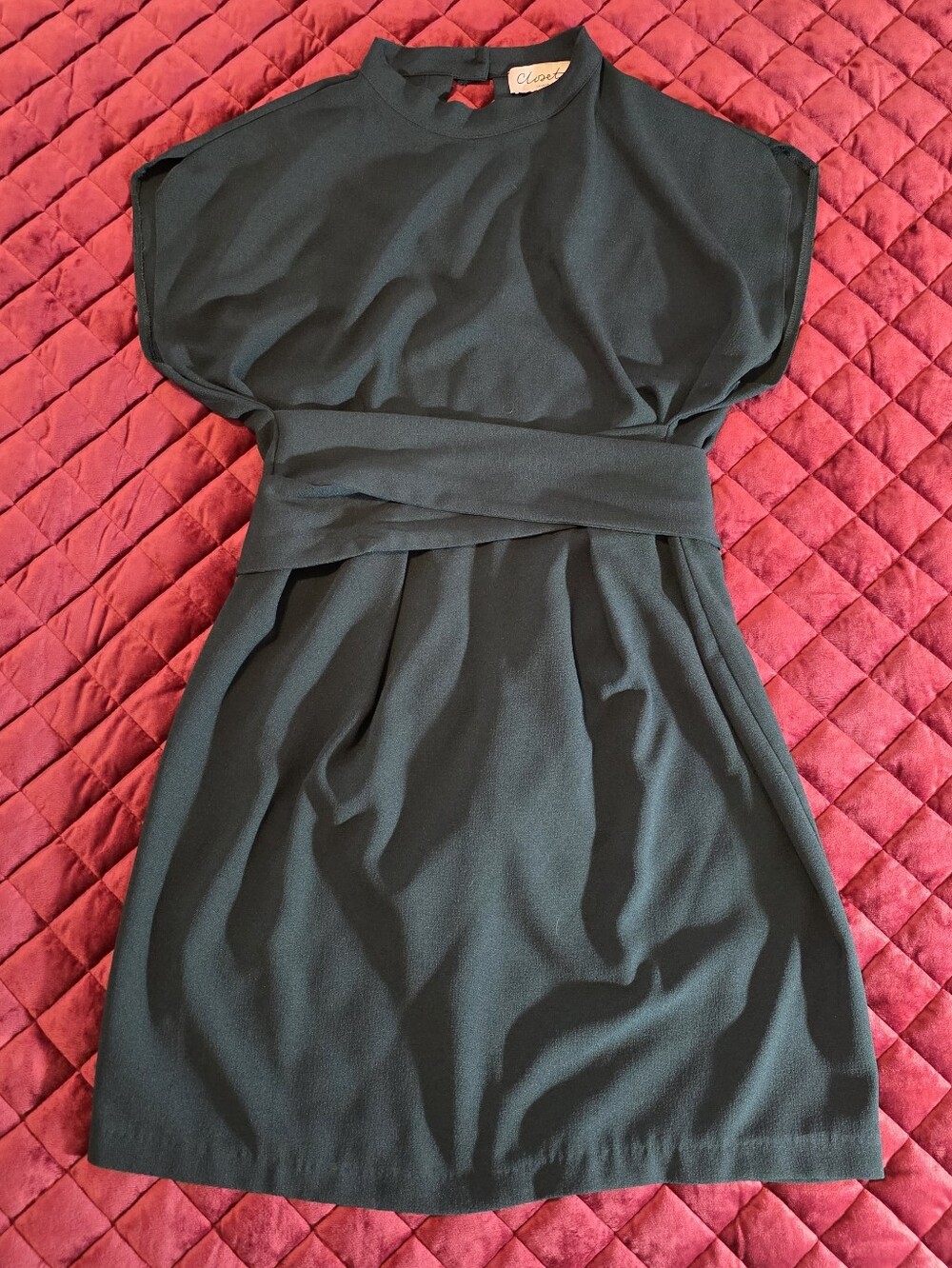 Closet Dark Green Short Sleeve Mini Dress with Waistband
